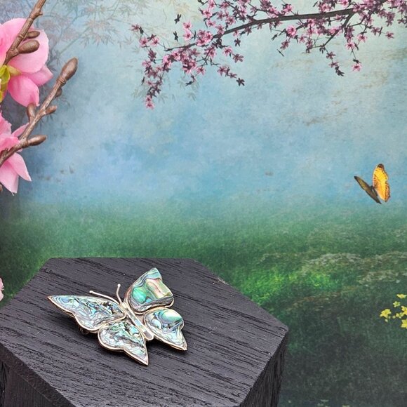 VTG Brooch Silver Tone Alpaca Iridescent Rainbow Abalone Shell Inlay Fairycore - Picture 2 of 16